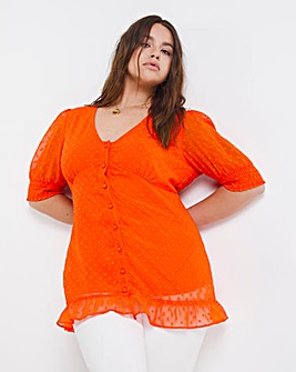 Red Dobby V-Neck Short Sleeve Button Through Blouse with Frill Hem