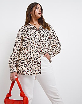 Animal Floral Dipped Back Viscose Shirt with Shirred Cuffs