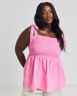 Pink Shirred Linen Peplum Top with Tie Straps