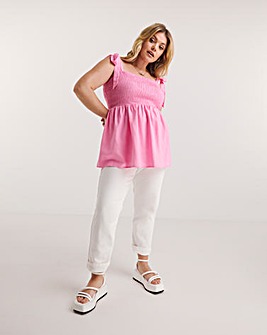 Pink Shirred Linen Peplum Top with Tie Straps