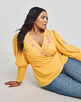 Ochre Floral Embroidered Wrap Top with Shirred Cuffs