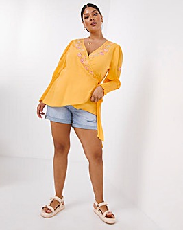 Ochre Floral Embroidered Wrap Top with Shirred Cuffs