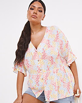 Floral V-Neck Crinkle Button Through Smock Top