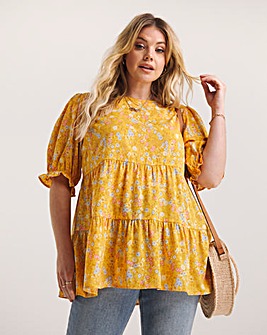 Ochre Ditsy Print Tiered Smock Top with Matching Scrunchie