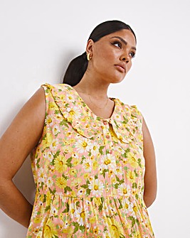 Peach Floral Sleeveless Tiered Collar Crinkle Top