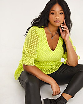 Lime Dobby Shirred V-Neck Peplum Top with Frill Detail
