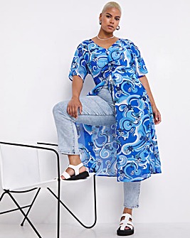 Blue Swirl Drawstring Longline Short Sleeve Kimono