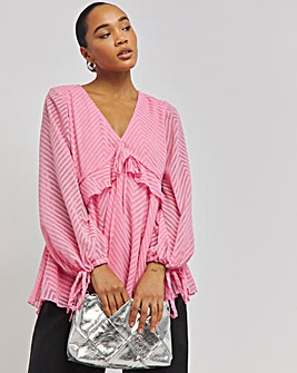 Pink Jacquard Long Sleeve V-Neck Smock Top with Frill & Tie Front Detailing