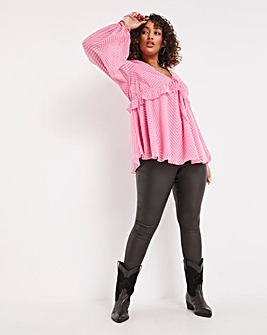 Pink Jacquard Long Sleeve V-Neck Smock Top with Frill & Tie Front Detailing