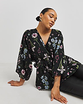 Black Floral Jacquard Long Sleeve Ruffle Detail Wrap Top