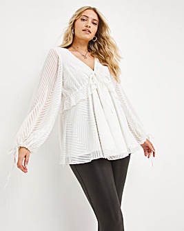 Ivory Jacquard Long Sleeve V-Neck Smock Top with Frill & Tie Front Detailing