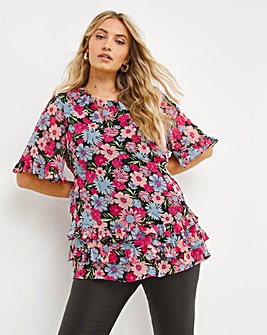 Pink Floral Frill Detail Short Sleeve Top