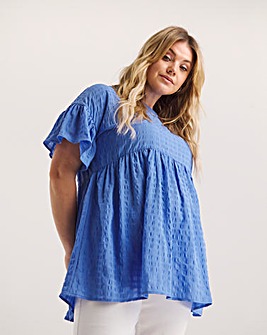 Blue Textured Frill Sleeve Smock Top