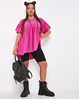 Pink Textured Short Sleeve Frill Sleeve Smock Top