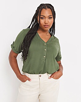 Khaki Short Sleeve Button Front Soft Touch Top