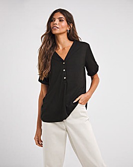 Black Short Sleeve Button Front Soft Touch Top