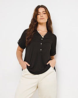 Black Short Sleeve Button Front Soft Touch Top