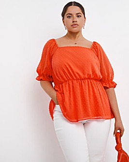 Coral Short Sleeve Square Neck Dobby Blouse