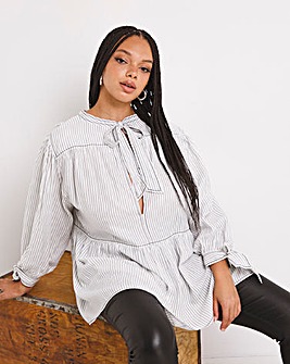 Striped High Tie Neck Long Sleeve Smock Top with Tie Cuff Detail