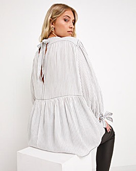 Striped High Tie Neck Long Sleeve Smock Top with Tie Cuff Detail