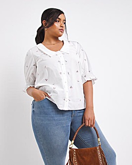 White Embroidered Short Sleeve Collar Detail Button Through Blouse