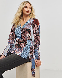 Multi Print Wrap Top with Shirred Cuff