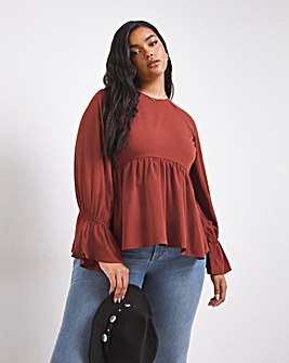 Chocolate Long Sleeve Smock Blouse with Frill Detail Cuff
