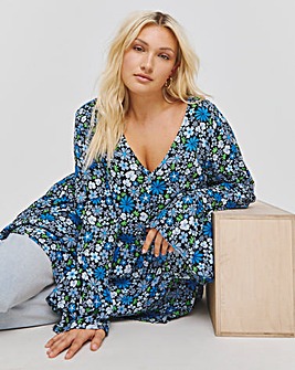 Blue Floral Button Through V-Neck Smock Blouse