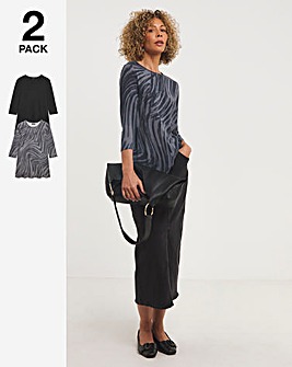 Swirl Print and Black 2 Pack Three Quarter Sleeve Swing Tunics