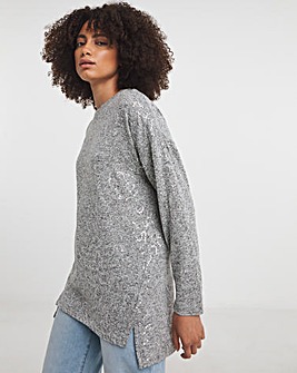 Grey Marl Sequin Knit Look Long Sleeve Split Hem Tunic