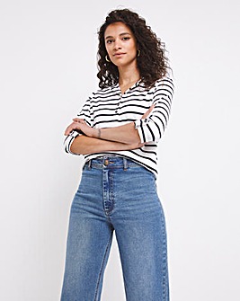 Navy and White Stripe Button Front Cotton Three Quarter Sleeve Top