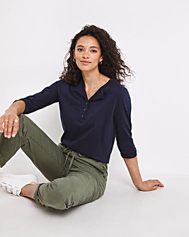 Navy Button Front Cotton Three Quarter Sleeve Top