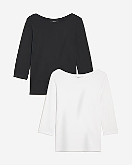 Black and White Cotton 2 Pack Boat Neck Three Quarter Sleeve Tops