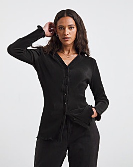 Black Plisse Long Sleeve Button Down Shirt