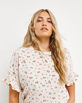 Ivory Floral Frill Sleeve Longline Boxy Top