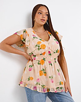 Peach Floral Occasion Shirred Frill Sleeve Peplum Blouse