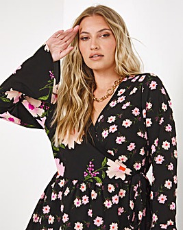 Black Floral Mixed Print Functional Wrap Blouse