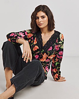 Black Floral Lace Insert V-Neck Blouse