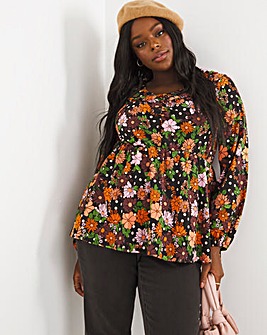 Multi Floral Collar Detail Ruched Front Blouse