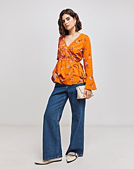 Rust Floral Mixed Print Functional Wrap Blouse