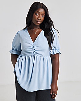 Light Blue Ruched Front Short Sleeve Top