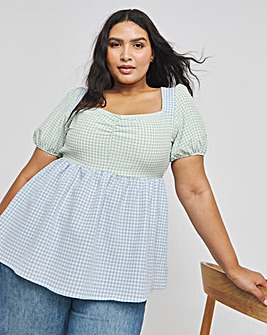 Mixed Gingham Ruched Front Smock Top with Bow Back Detail