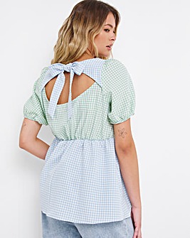 Mixed Gingham Ruched Front Smock Top with Bow Back Detail