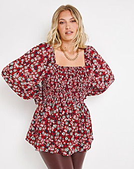 Red Floral Shirred Square Neck Long Sleeved Peplum Top