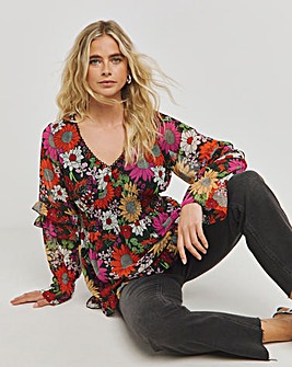 Retro Floral V Neck Blouse with Shirred Waistband and Cuffs