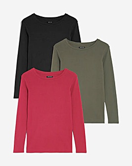 Black/Green/Dark Pink 3 Pack Long Sleeve Cotton T-Shirts