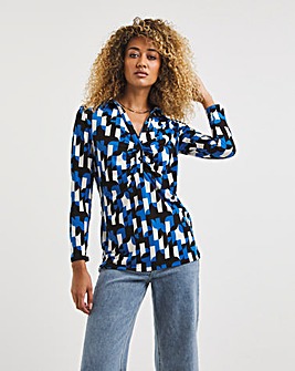 Geometric Print Ruched Button Front Long Sleeve Jersey Shirt