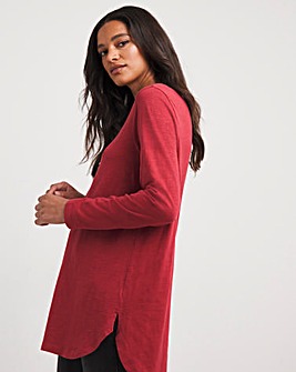 Ruby Red Cotton Slub Curve Hem Long Sleeve Tunic