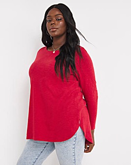 Ruby Red Cotton Slub Curve Hem Long Sleeve Tunic