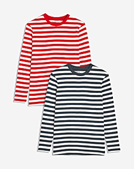 Red and Navy Stripe Cotton 2 Pack Long Sleeve Basic Crew Neck T-Shirts